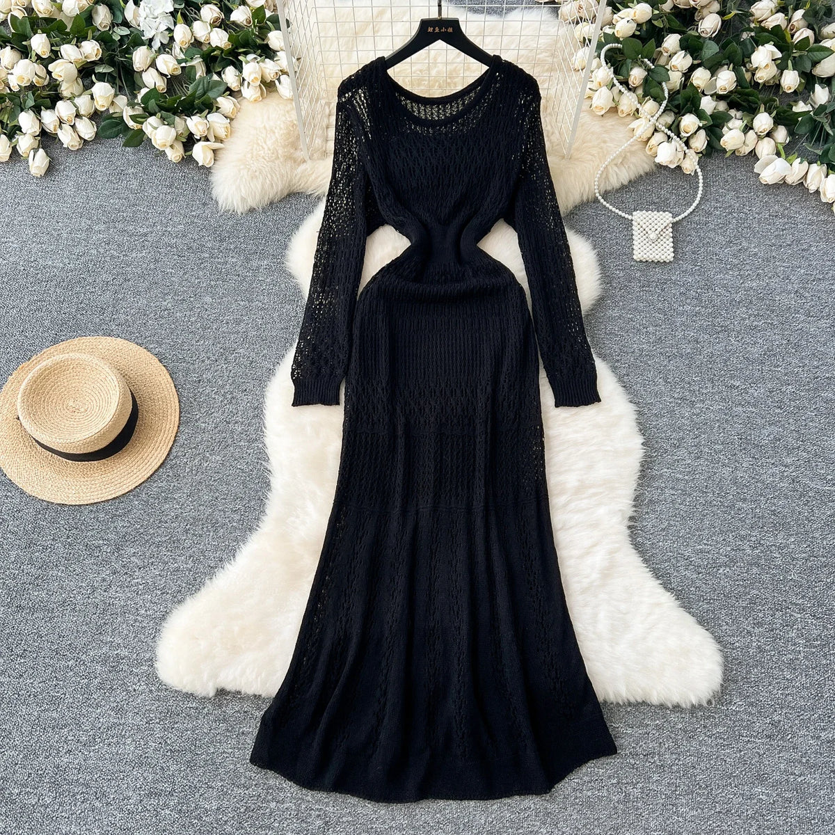 Openwork Knit Long Sleeve Dress