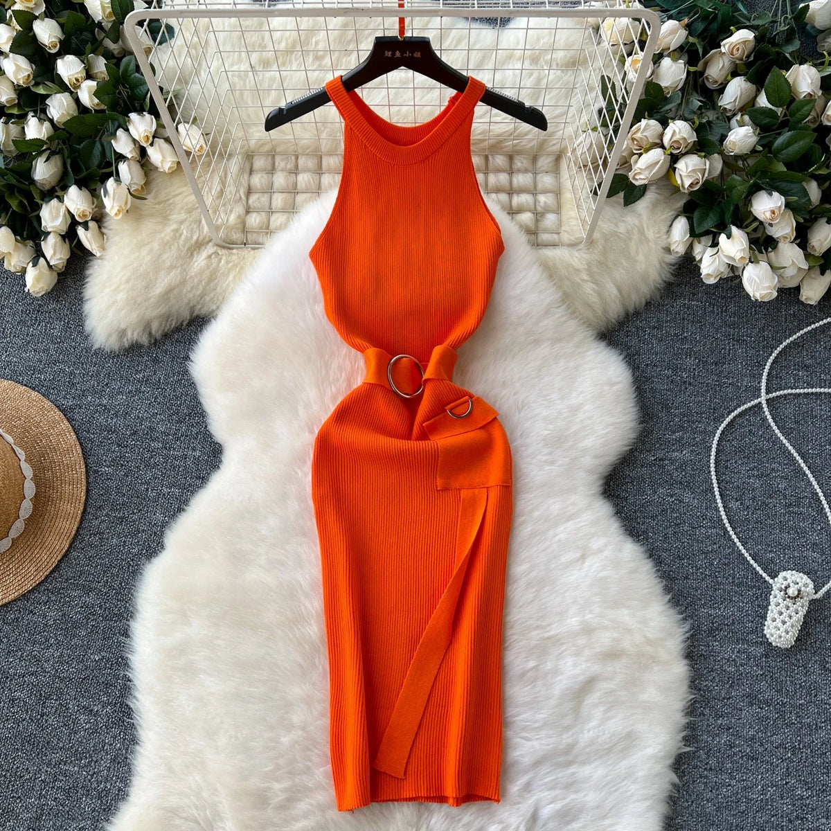 Sash Tie Knit Bodycon Party Dress