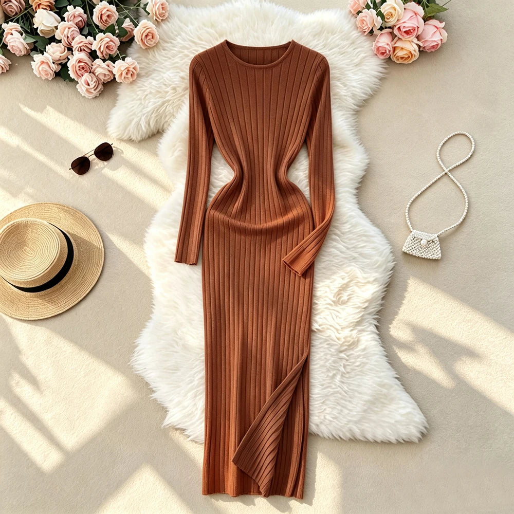Black Ribbed Long Sleeve Sweater Dress