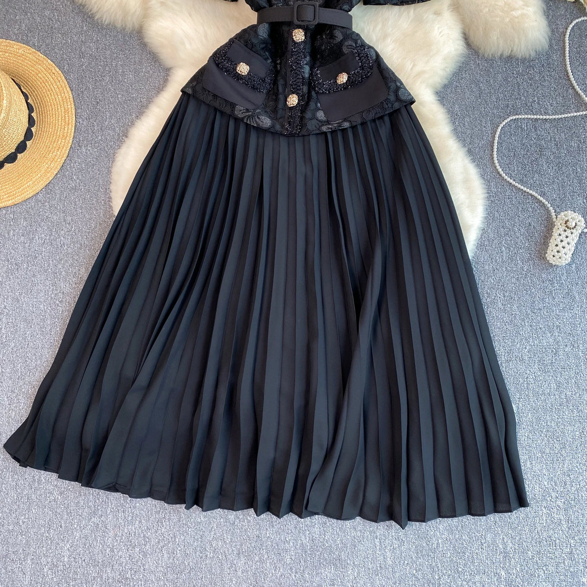 Square Neck Lace Patchwork Pleated Dress