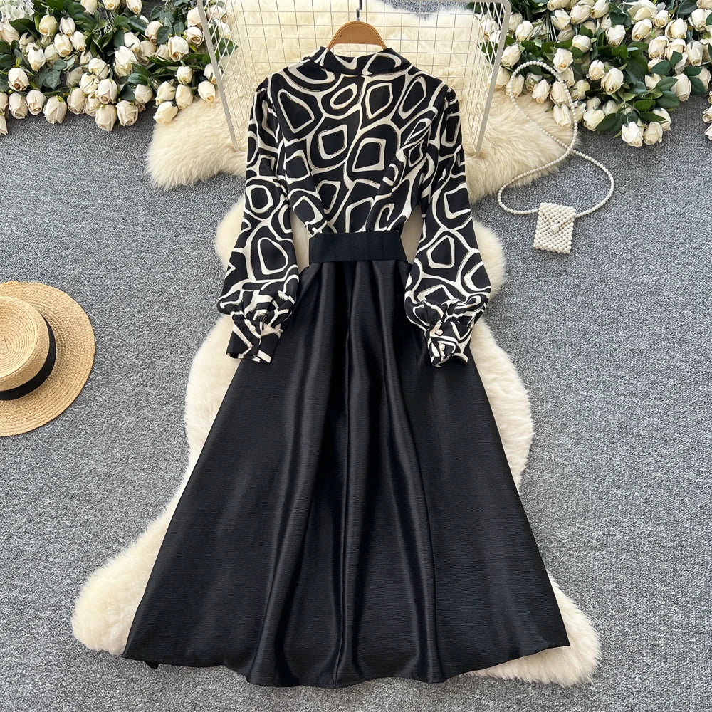 Satin Print V-Neck Long Sleeve Dress