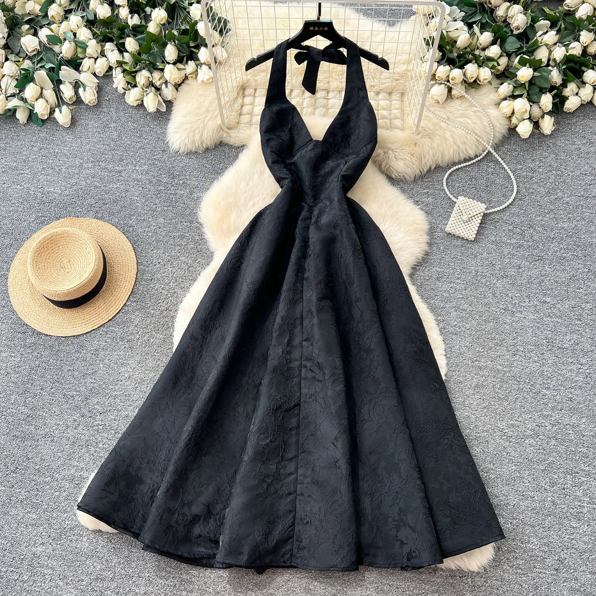 Floral Embroidered Halter Maxi Dress