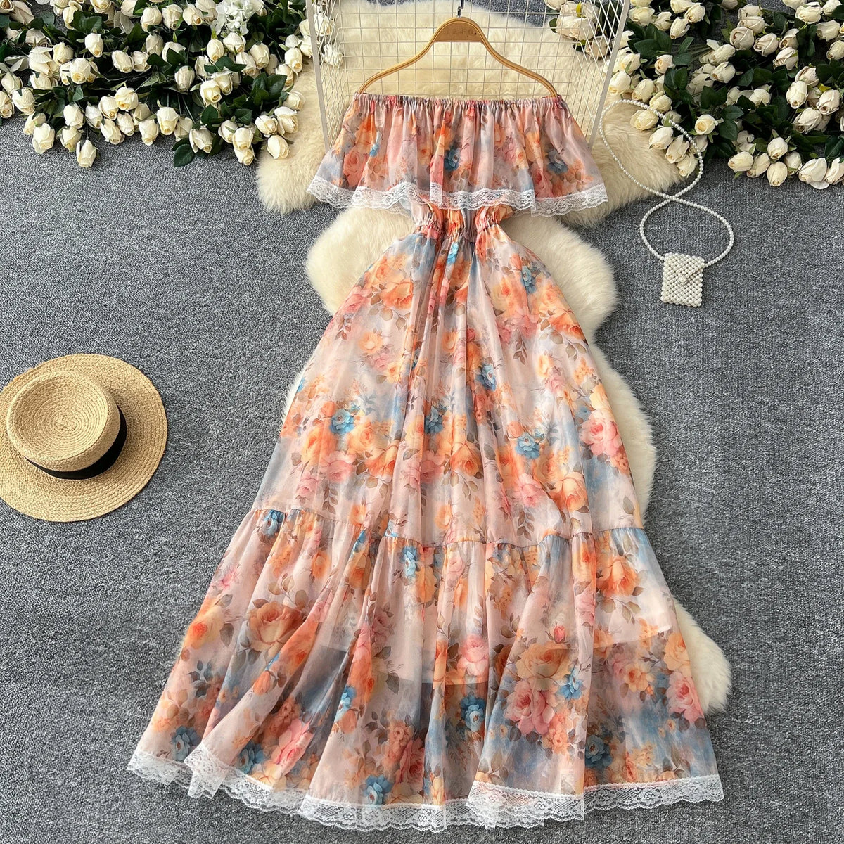 Print Lace Ruffle Off-Shoulder Maxi Dress