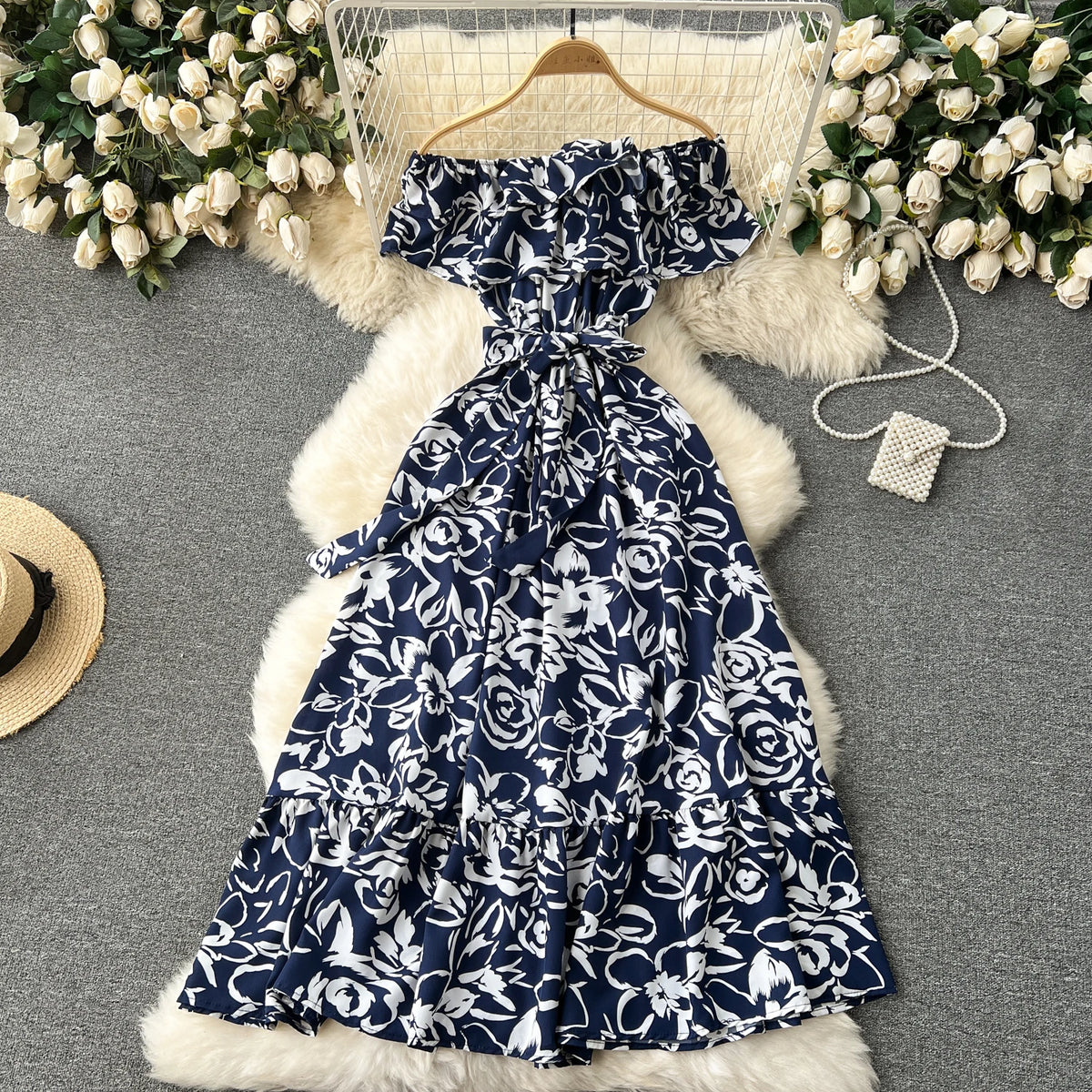 Print Chiffon Boat Neck Tie Waist Dress