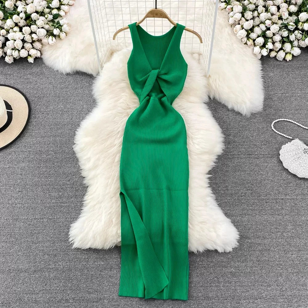 Knot Cutout Split Knit Maxi Dress