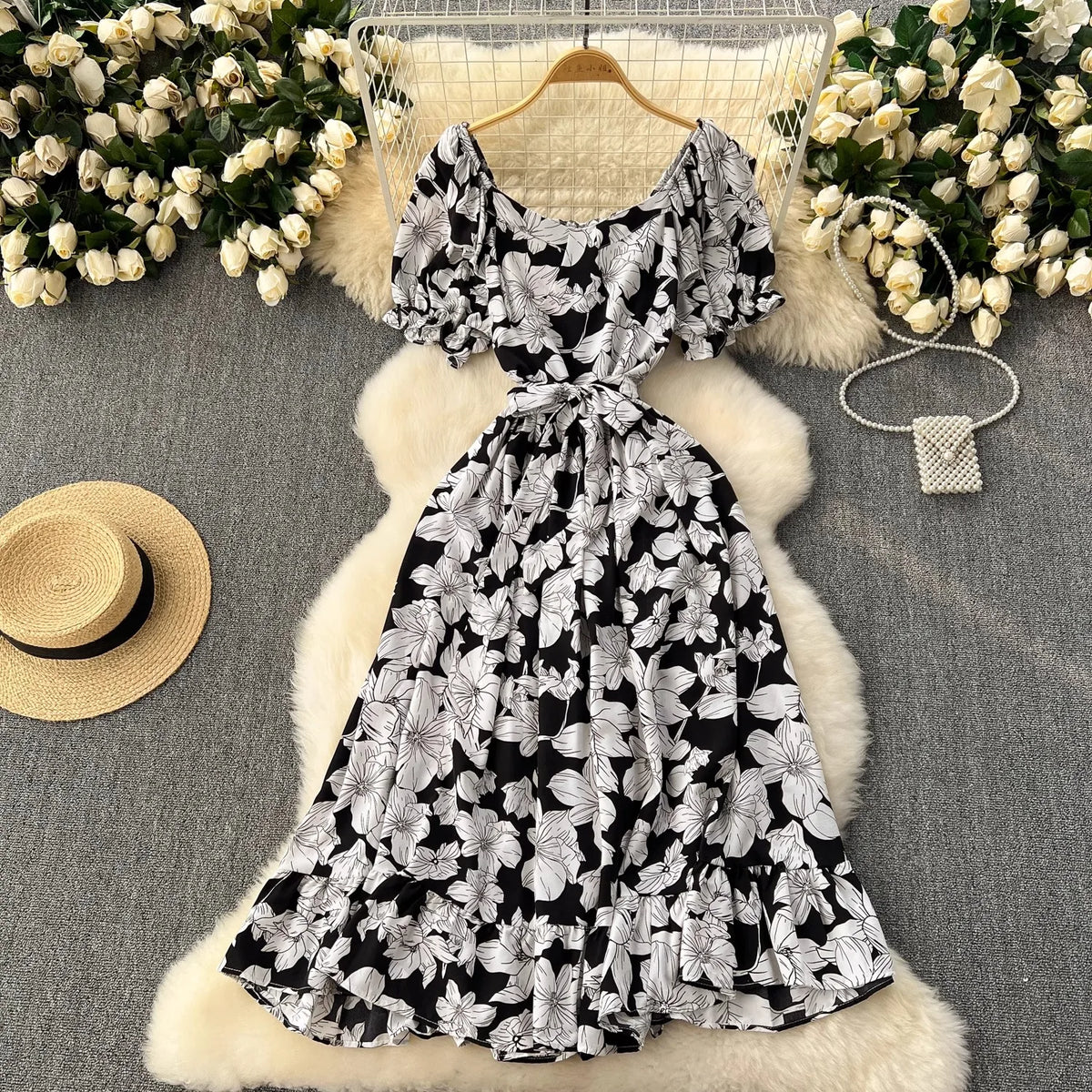 Green Vintage Floral Puff Sleeve Maxi Dress