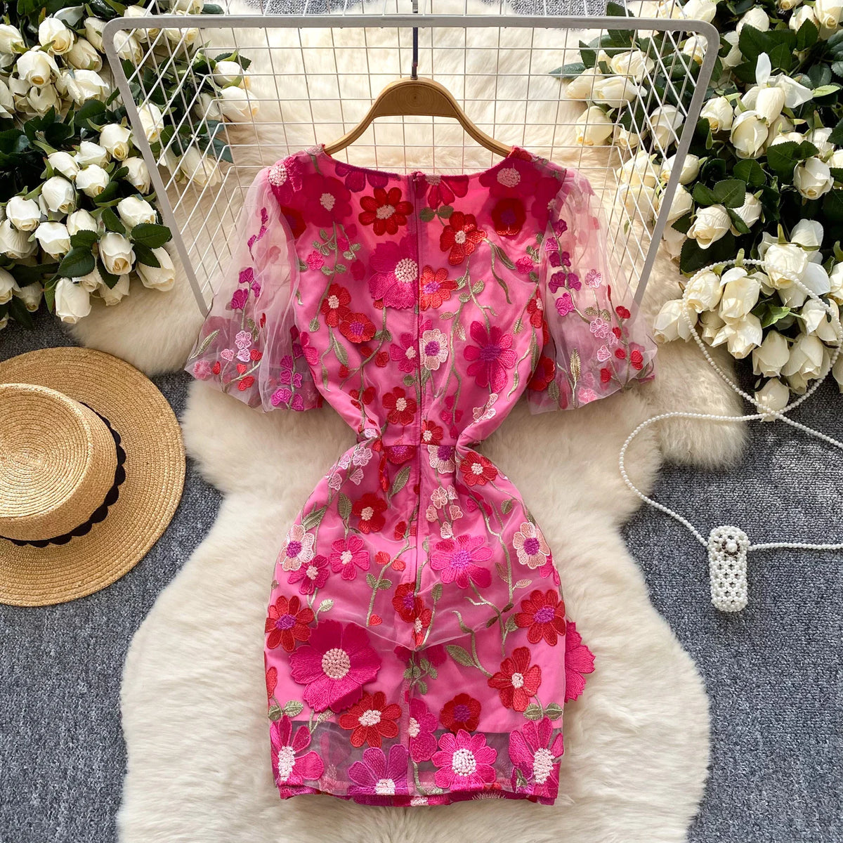 Embroidered Mesh Puff Sleeve A-Line Dress