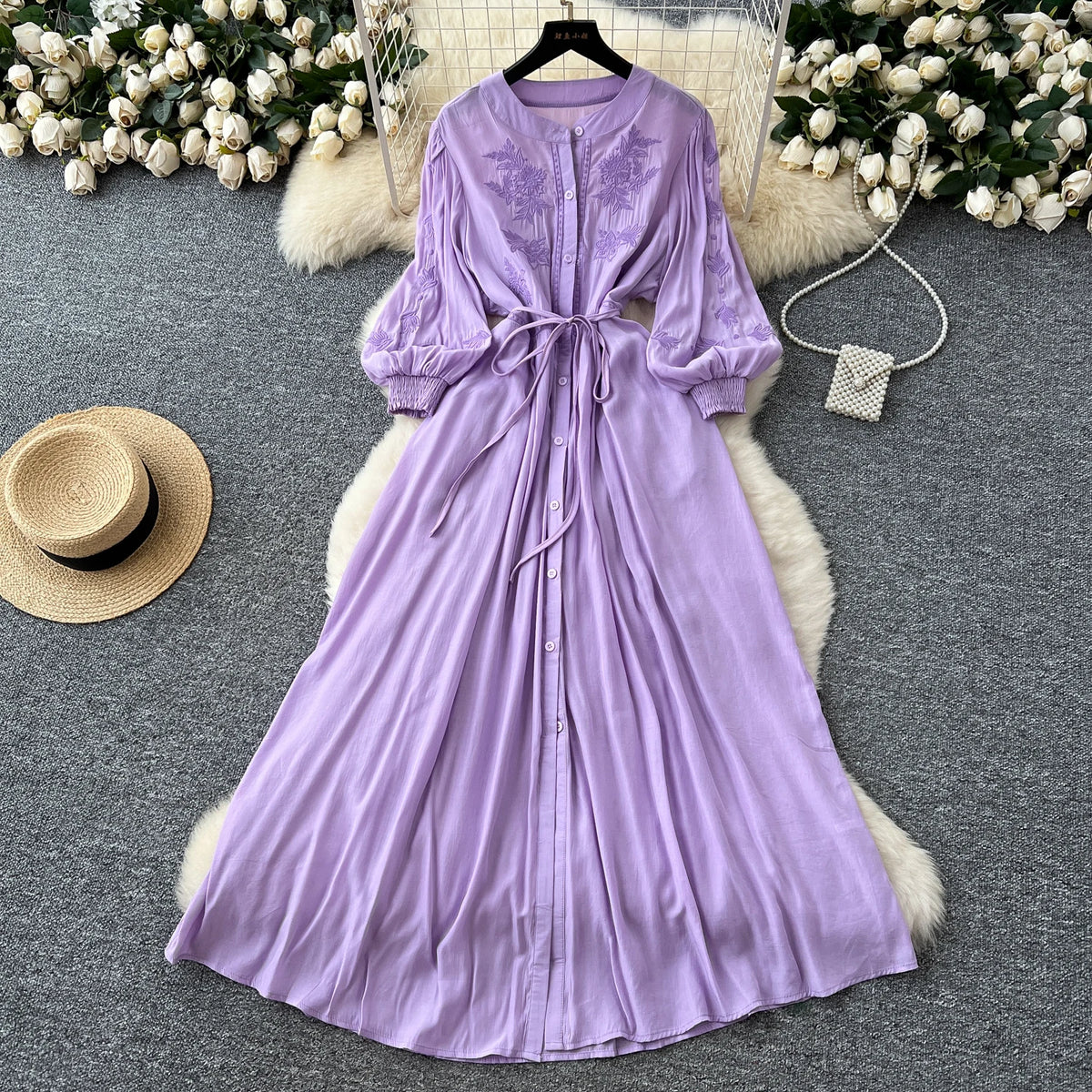 Embroidered Button A-Line Summer Dress