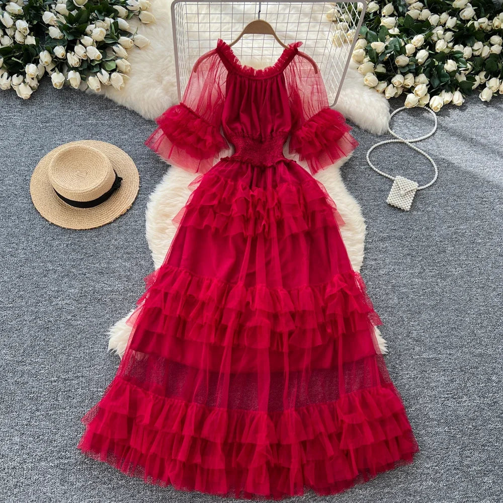 Pleated Mesh Flare Sleeve Dress
