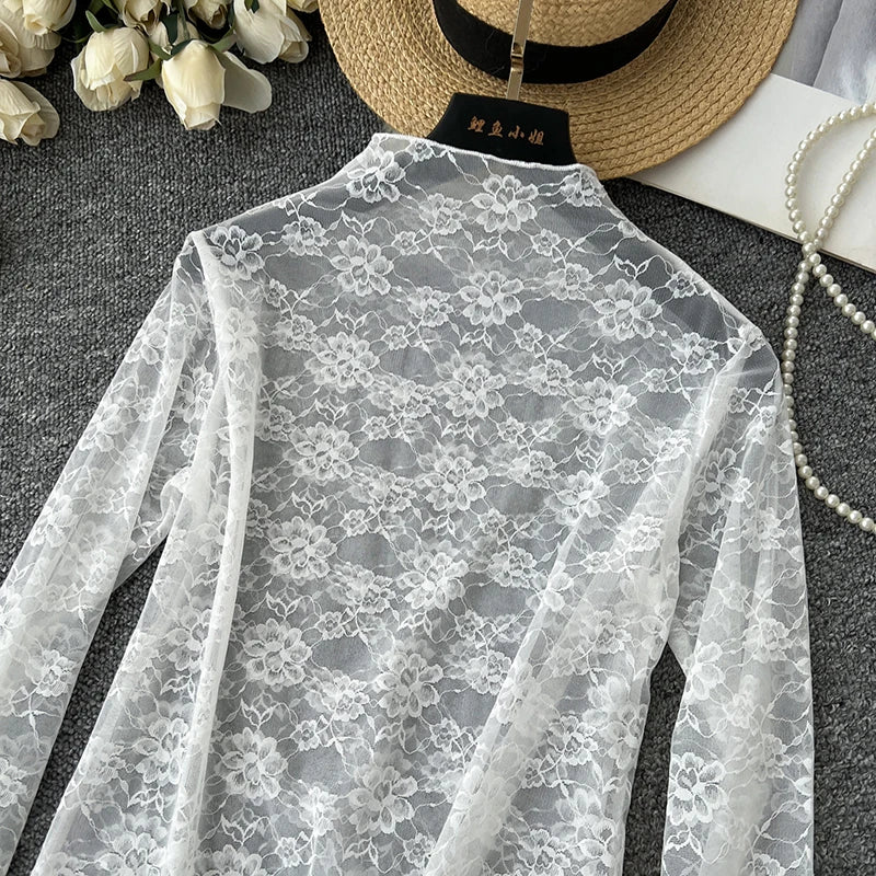 White Lace Bell Sleeve Sheer Blouse