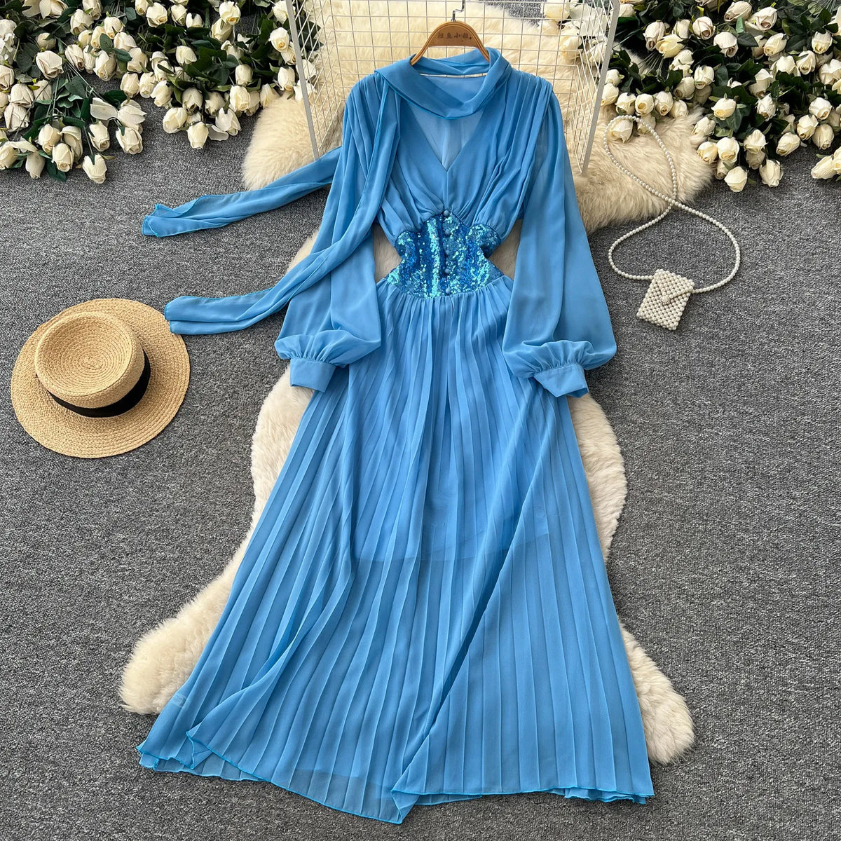 Ribbon Puff Sleeve A-Line Maxi Dress
