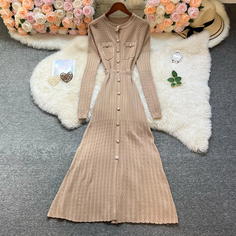 Long Sleeve Button Front A-Line Maxi Dress