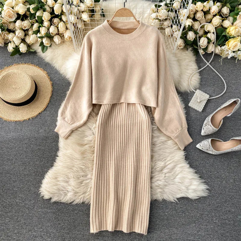 Turtleneck Knit Pencil Dress Two-Piece Set