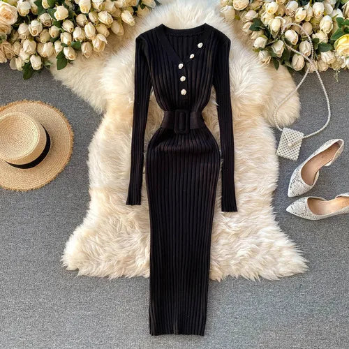 Belted V-Neck Knit Sweater Dress