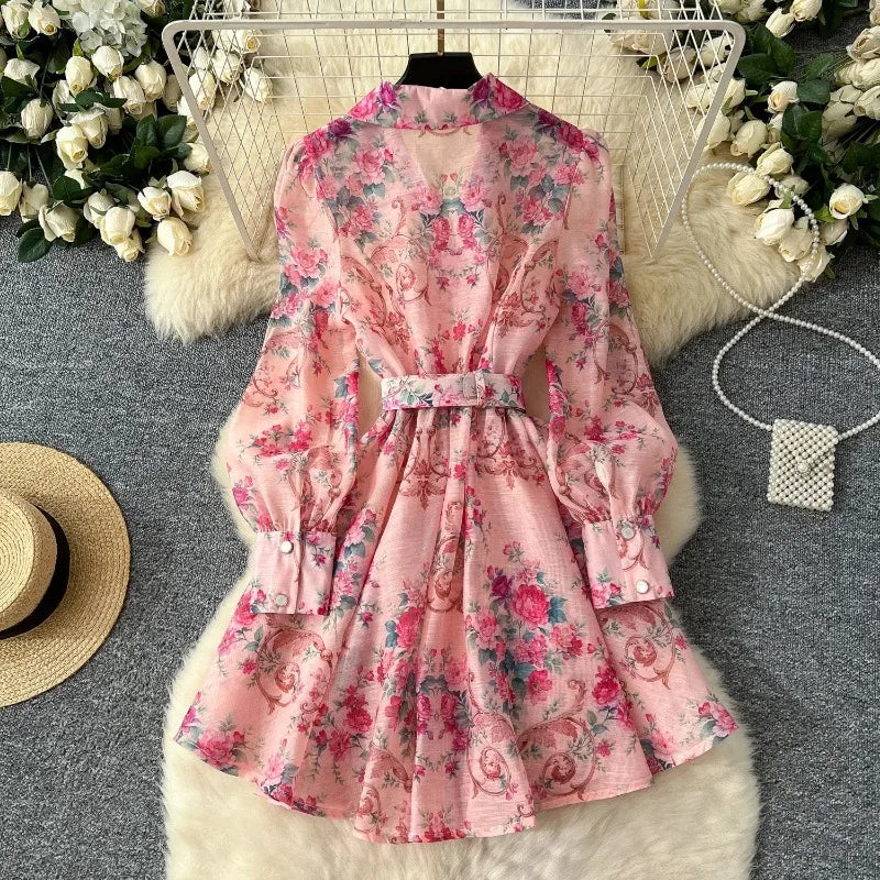 Vintage Print Notched Neck Sash Dress