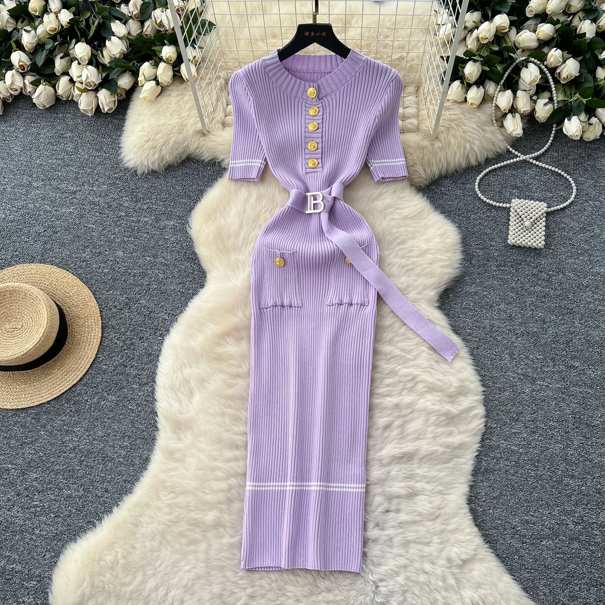 Belted Button Front Knit Maxi Dress