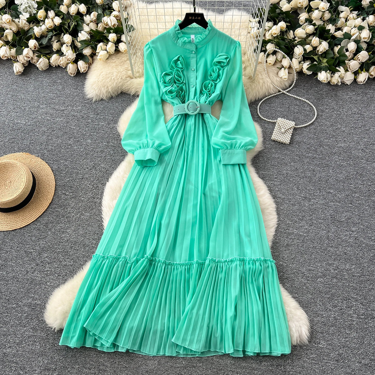 3D Floral Chiffon Ruched Dress