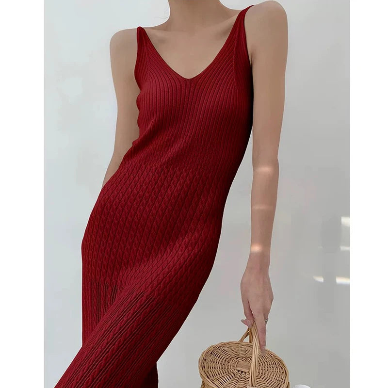 Patchwork Spaghetti Strap Knit Maxi Dress