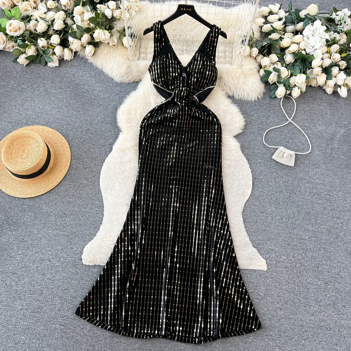 Sequin Off-Shoulder V-Neck Wrap Dress