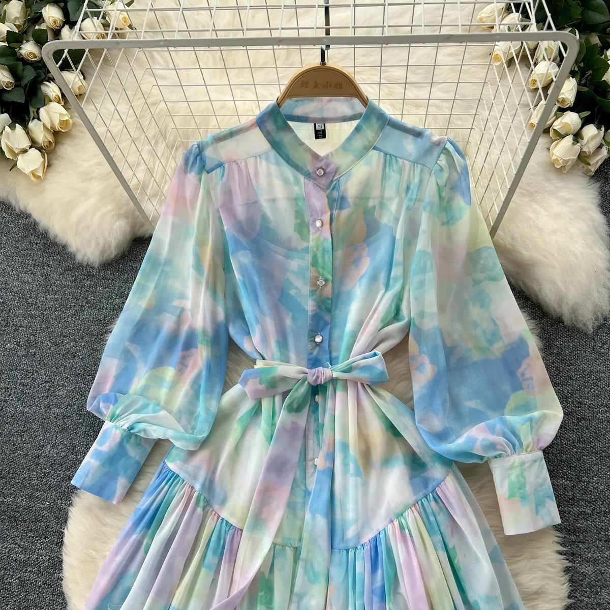 Print Chiffon Lantern Sleeve Shirt Dress