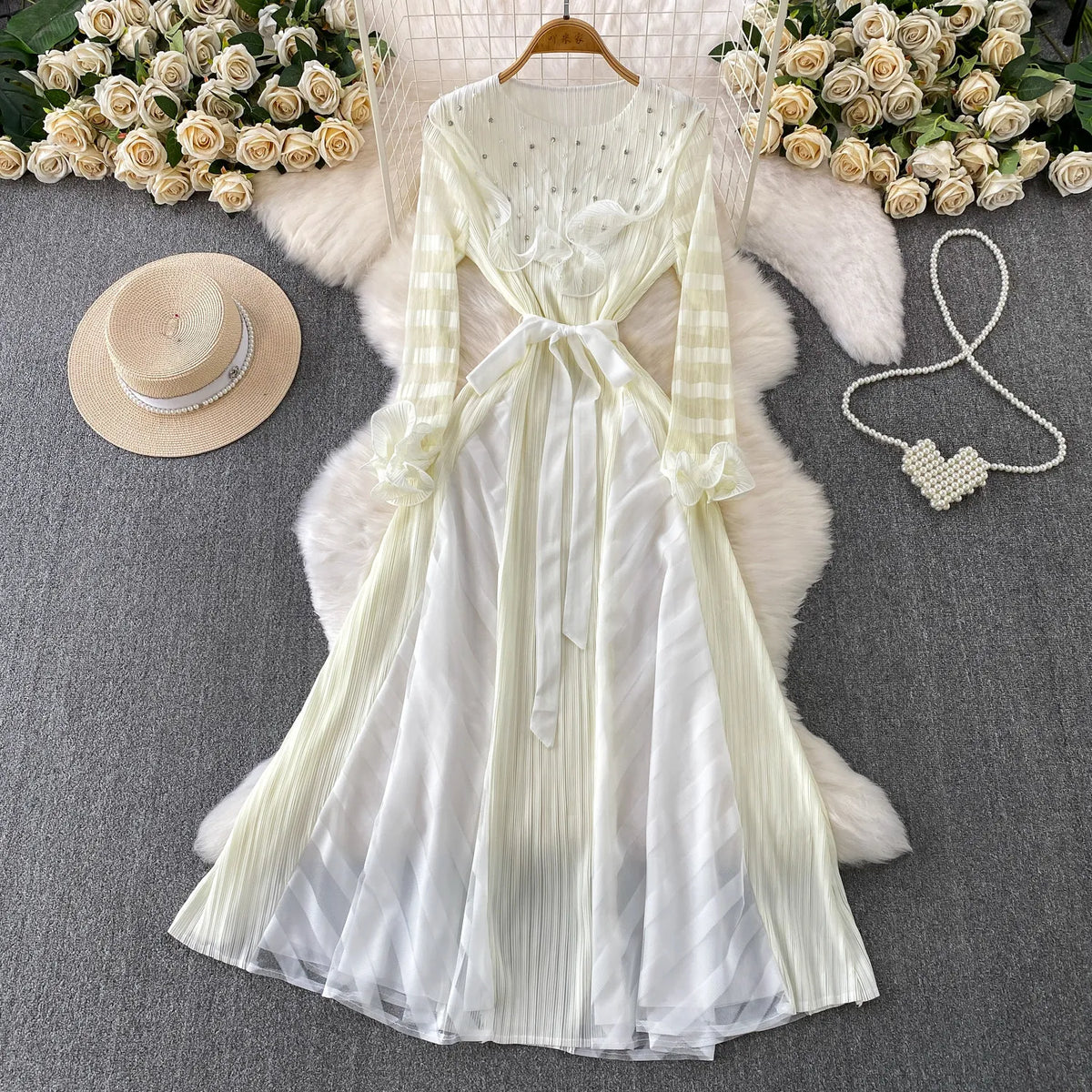 Beaded Long Sleeve A-Line Party Dress