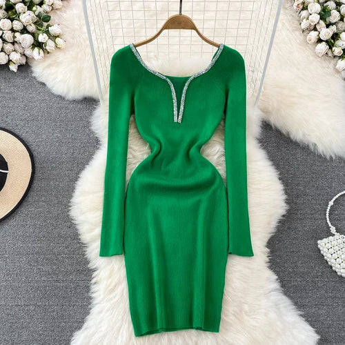 Glitter Knit V-Neck Bodycon Dress