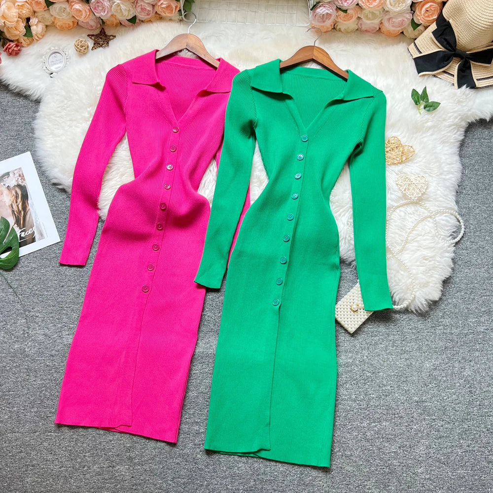 Button Front Wrap Bodycon Midi Sweater Dress