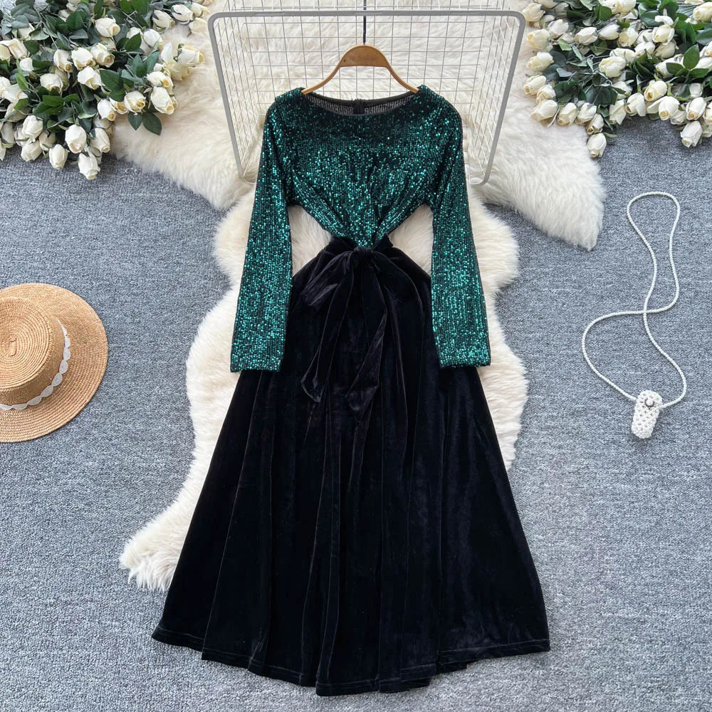 Sequin Velour Long Sleeve Dress