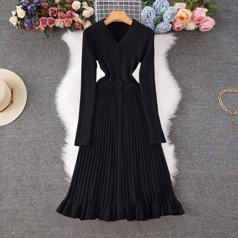 Pleated V-Neck Knit Maxi Sweater Dress