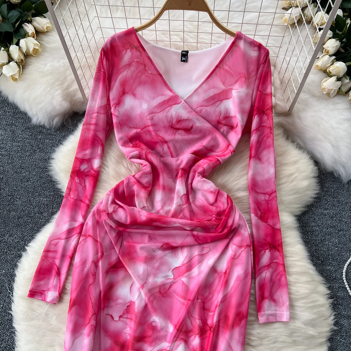Pleated Mesh Print V-Neck Dress