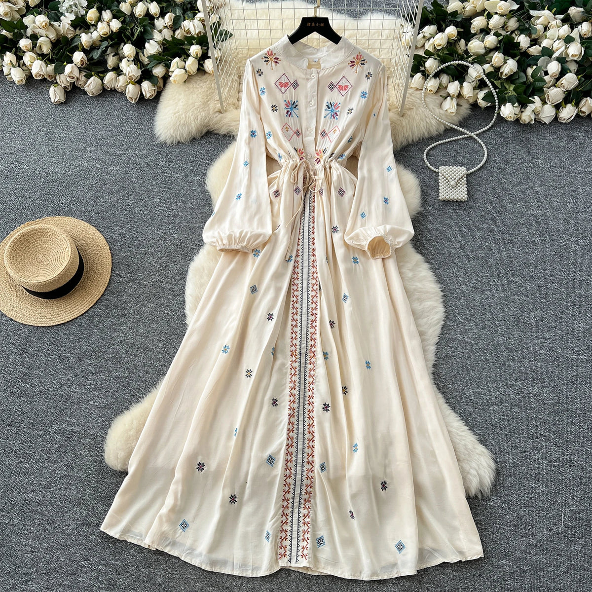 Embroidered Print Mesh Maxi Wrap Dress
