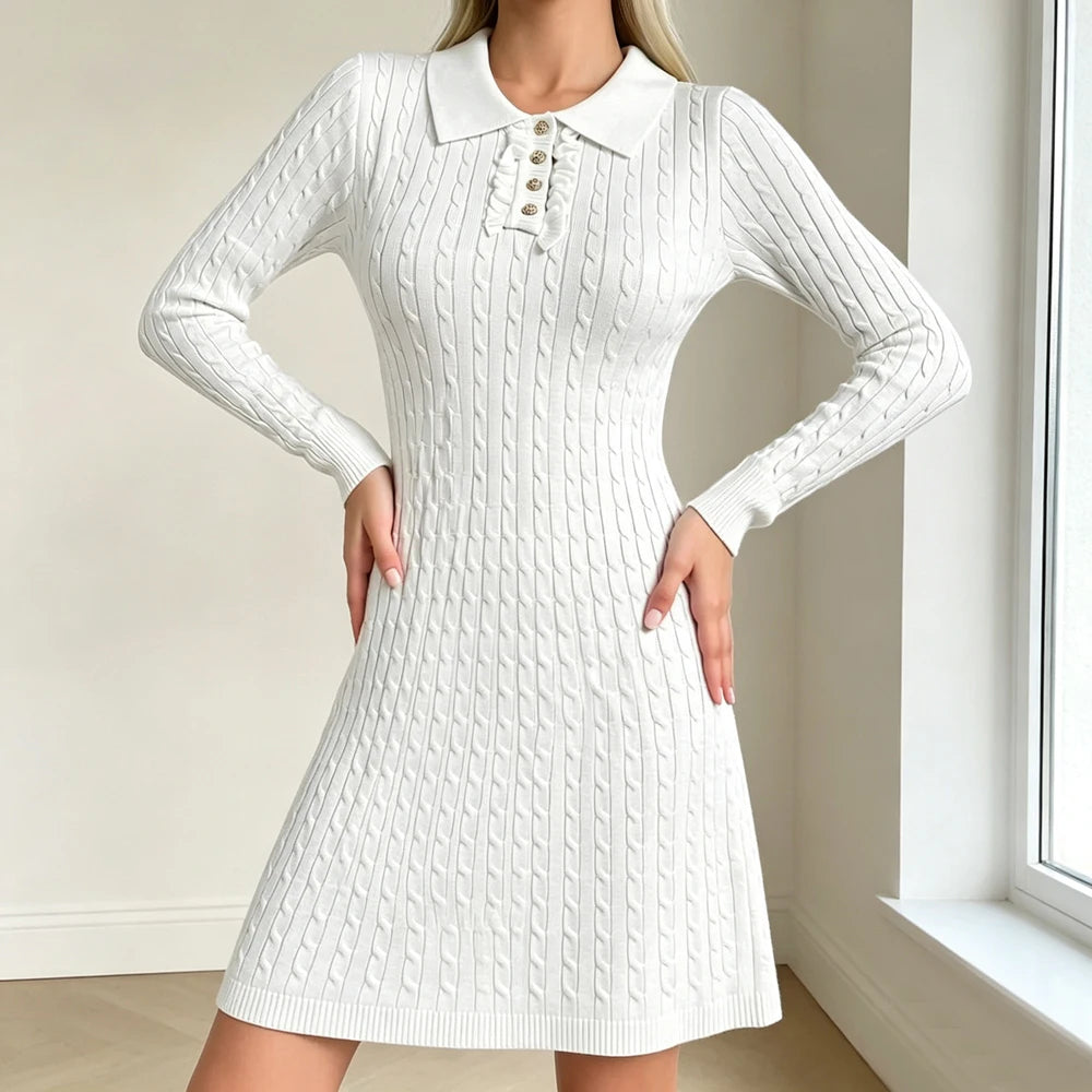 Collared Knit A-Line Shirt Sweater Dress