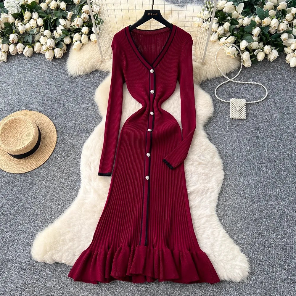 Ruffled Button Front Knit Maxi Dress