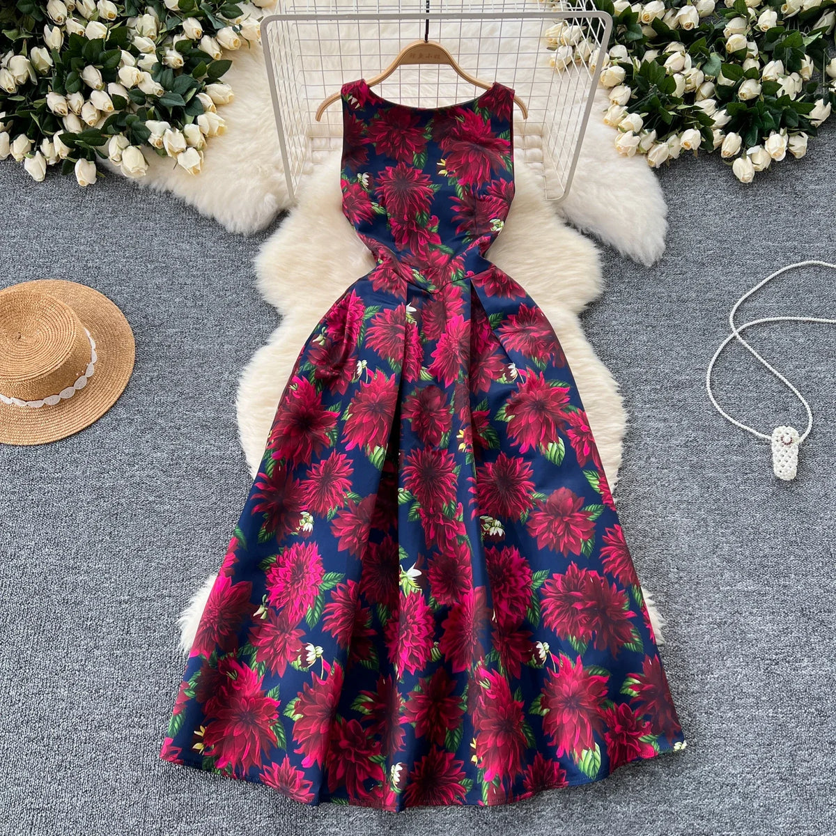 Print Pleated Sleeveless Ball Gown