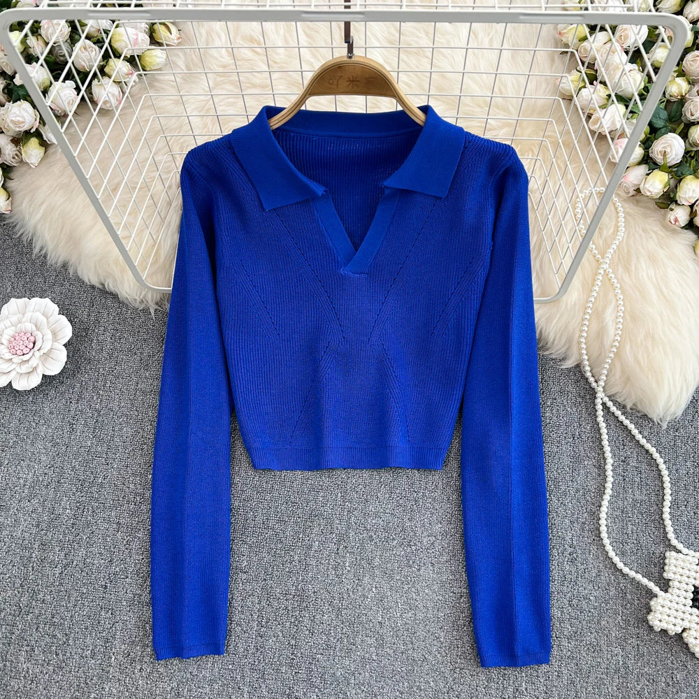 Collared Knit Long Sleeve Crop Top