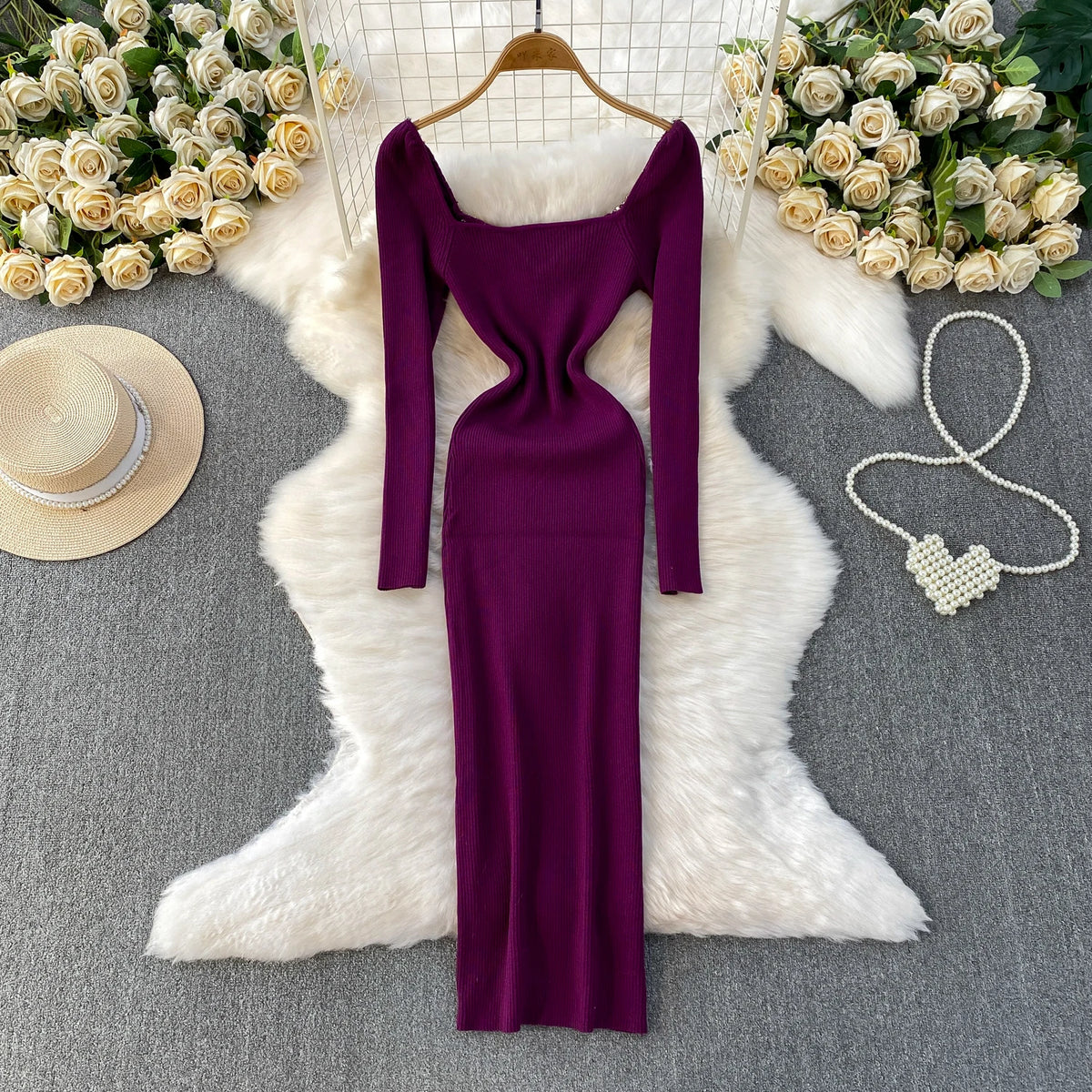 Square Neck Hollow Out Long Sleeve Dress