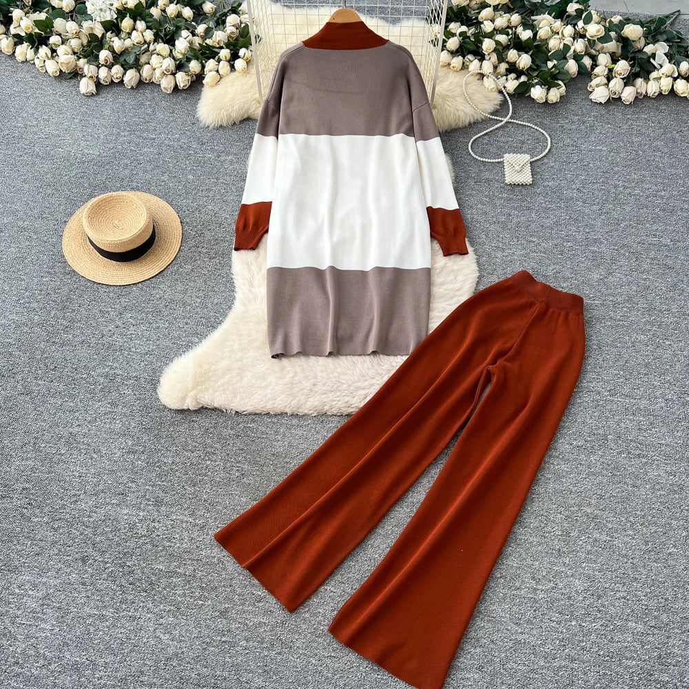 Knit Patchwork Top and Wide Leg Pants Set