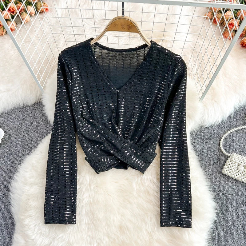 Glitter Sequin Long Sleeve Crop Top