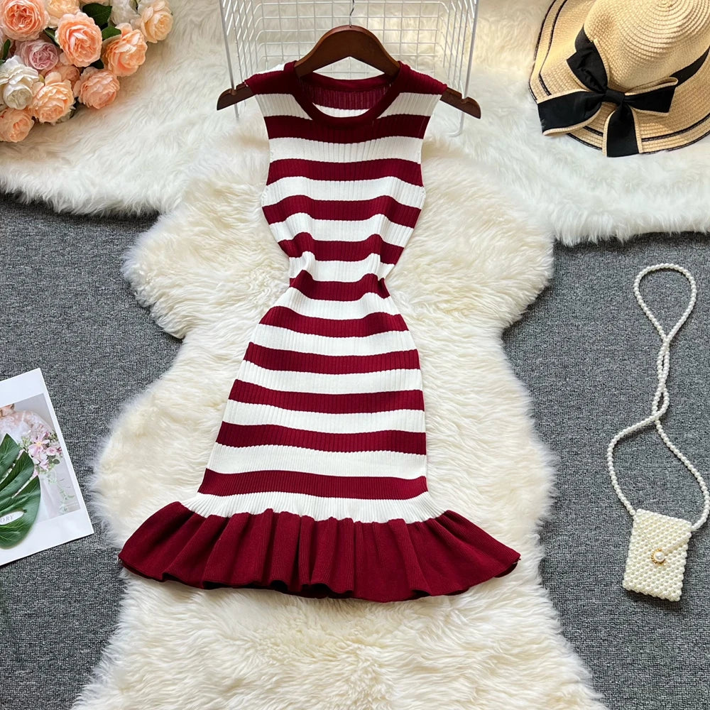 Striped Ruffled Knit Mini Party Dress
