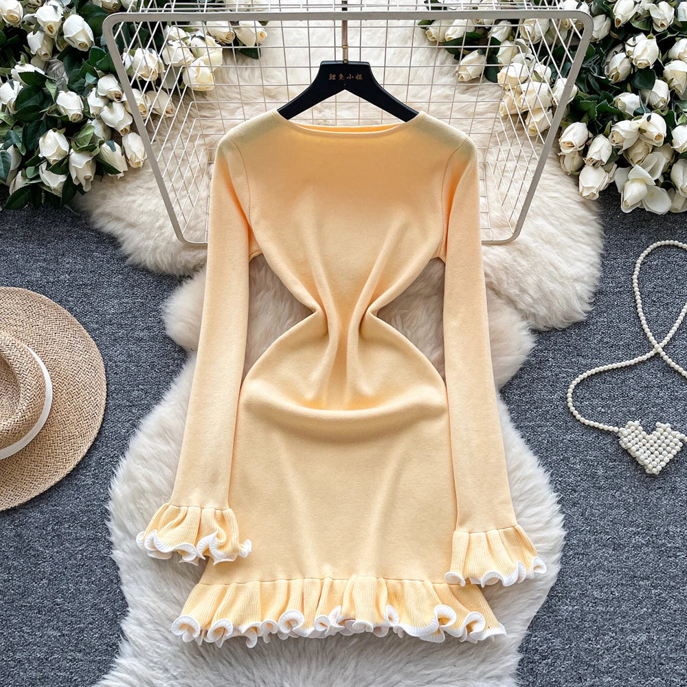 Coffee Ruffled Knit Bodycon Mini Dress