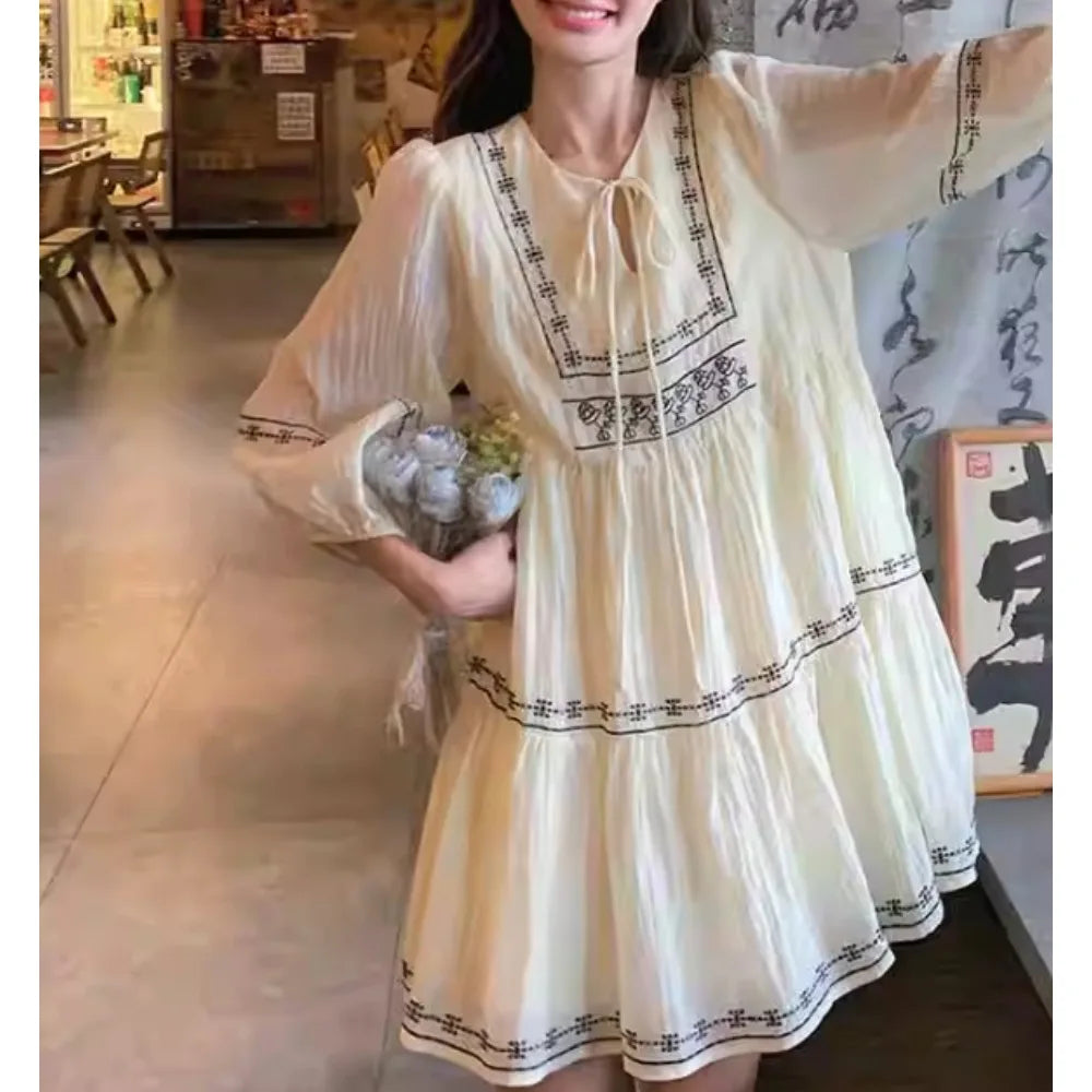 Embroidered Tassel V-Neck Dress