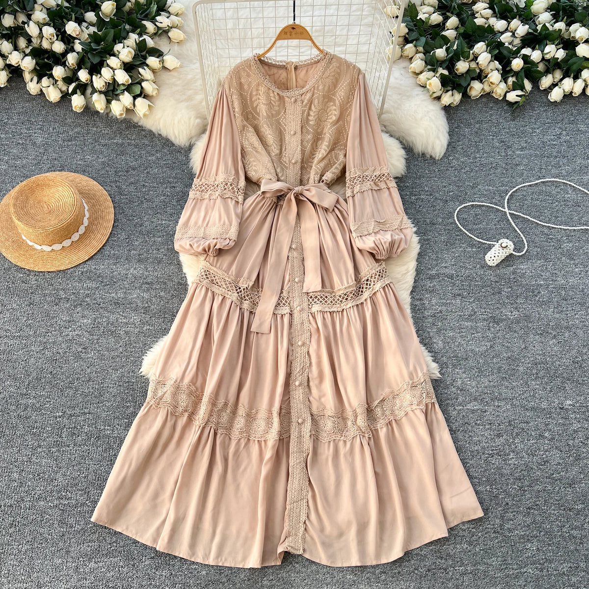 Single Breasted Lace Long Dress