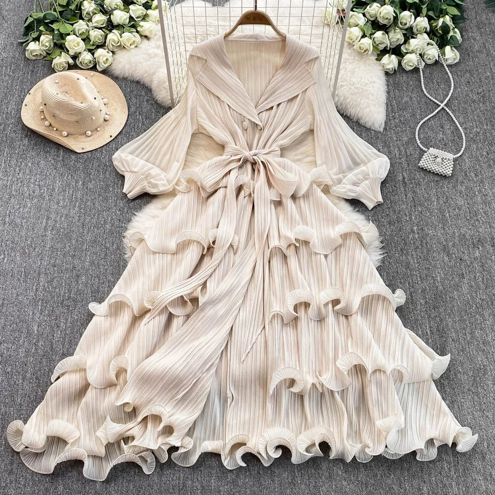 Notched Neck Ruffle Tiered A-Line Dress
