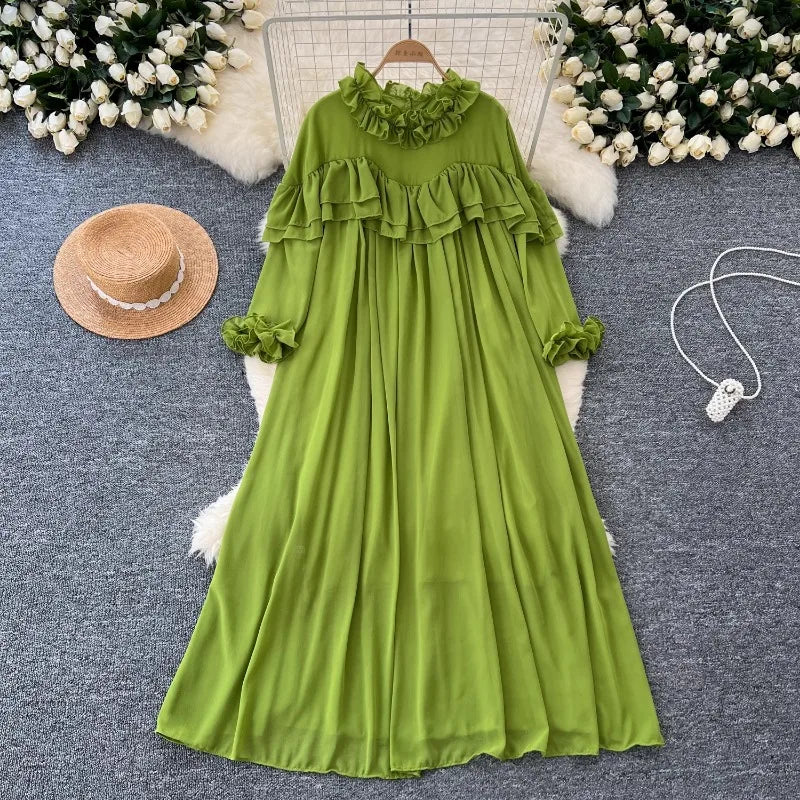 Pleated Chiffon Long Sleeve A-Line Dress