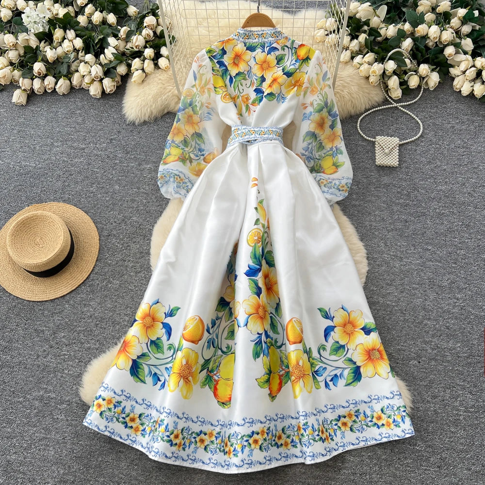 V-Neck Lantern Sleeve High Waist Dress