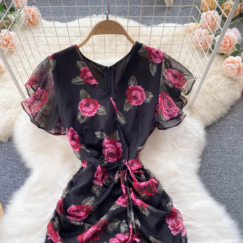 Chiffon Print V-Neck Ruffle Mermaid Dress