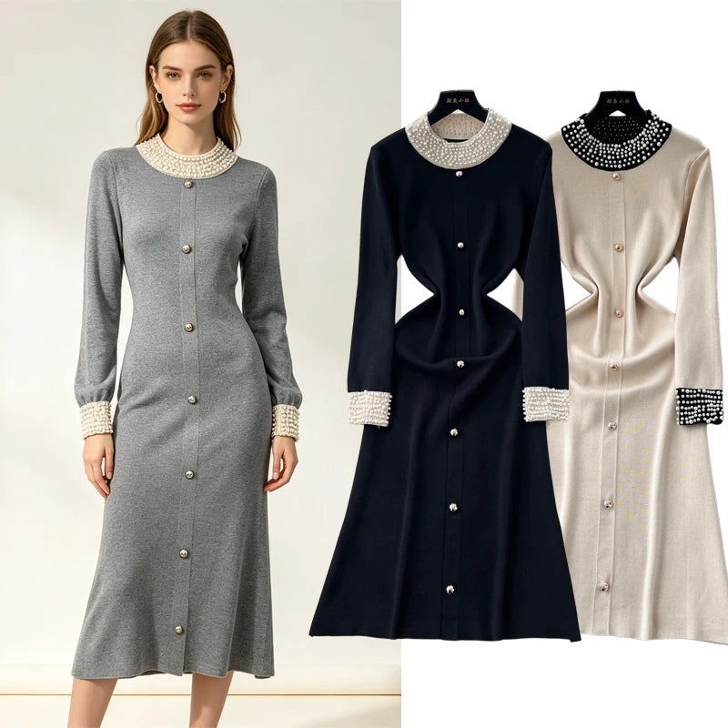 Pearl Crew Neck Knit A-Line Maxi Dress