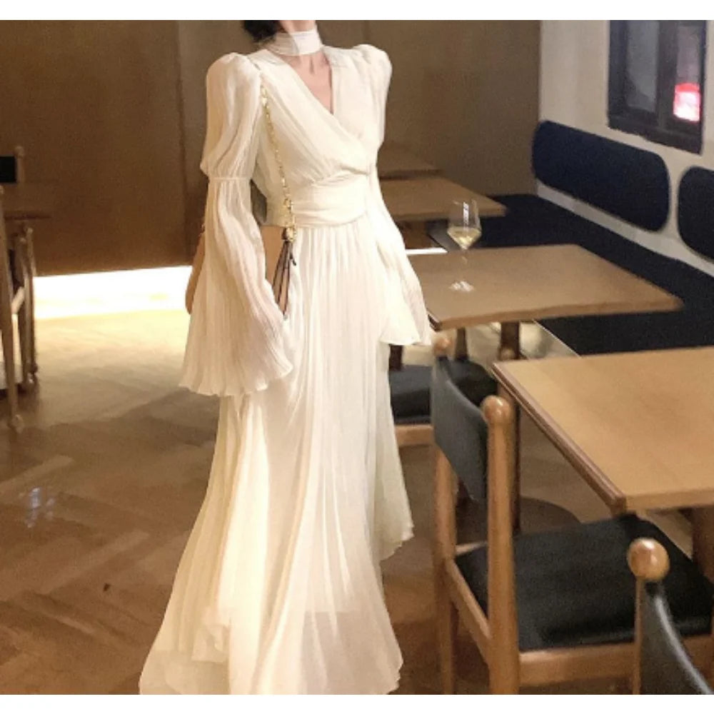 Halter V-Neck Flare Sleeve Midi Dress
