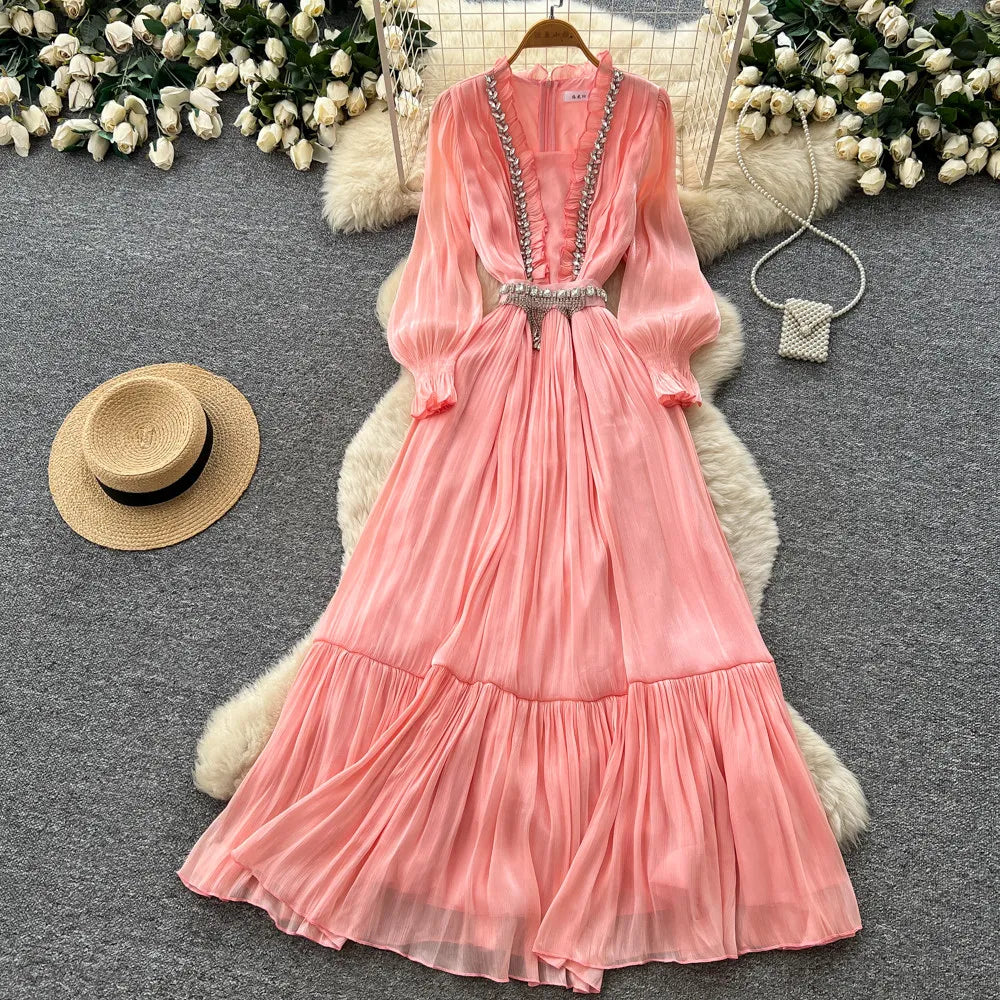Rhinestone Ruched Puff Sleeve Pleated Dress