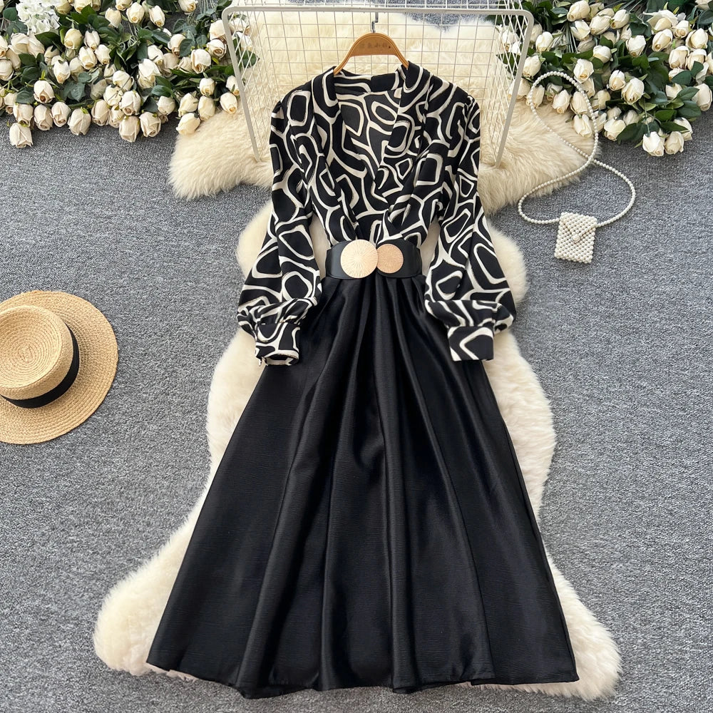 Satin Print V-Neck Long Sleeve Dress
